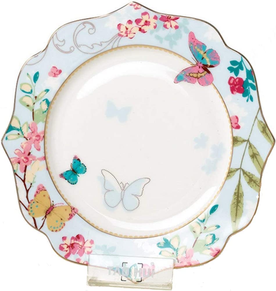 YBK Tech Bone China Dessert Plate/Salad Plate Ceramic Plate for Breakfast Afternoon Tea- Butterfly Pattern (Blue (10.5inches Flat Plate))