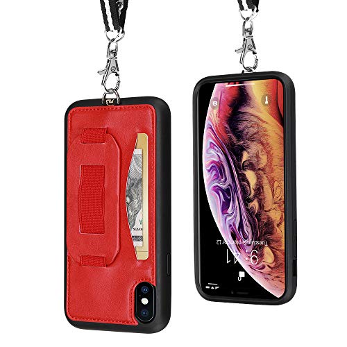 TOOVREN Case for iPhone Xs Max, Lanyard iPhone Xs Max Wallet Cases with Card Holder Slot, Neck Strap Finger Phone Loop Foldable Kickstand Purse Cover for Women Men - Red