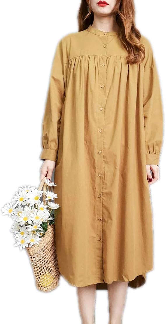Amazon Co Jp 春の夏の女性の丸首a字のスカートのカジュアルな長めのゆったりした綿麻の純色のワンピースのロングスカート 黄色 服 ファッション小物