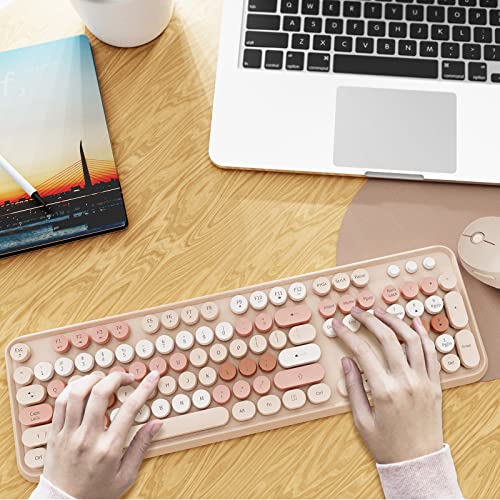 Wireless Keyboard and Mouse Combo, Ergonomic Full Size Typewriter Retro Round Keycaps Keyboard, Compatible with Windows, PC, Perfer for Home and Office Keyboards (Chocolate)