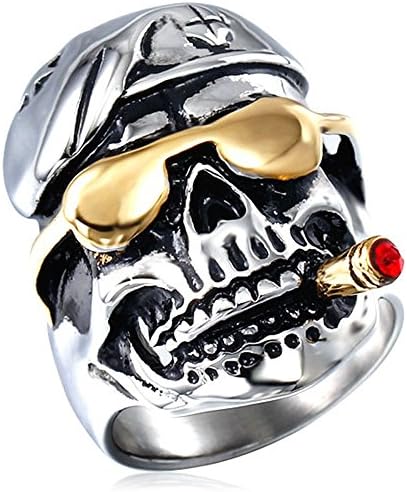 XAHH Men's Stainless Steel Vintage Gothic Smoking Pirates Skull Gold Glasses Red CZ Ring,Silver Black