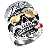 Men's Vintage Smoking Pirates Skull Glasses Gothic Biker Classic Stainless Steel Ring ,Silver Red Gold