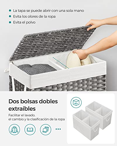 SONGMICS Cesto de la Ropa,130 L,Cesto de Lavandería,Tejido a Mano,con Compartimentos Separados,con Tapa y Asas,Ratán Sintético,Plegable,Bolsa de Forro Extraíble,Gris MLCB253G01.