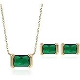Meissa Square Emerald Earring Necklace Set for Women 925 Sterling Silver Emerald Earring Necklace Set Handmade Gold Necklace May Birthstone Jewelry Gift