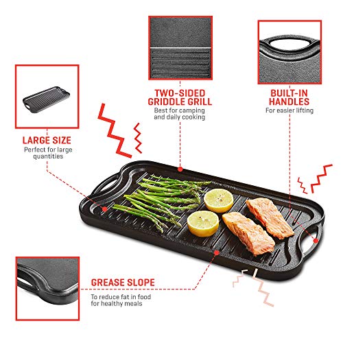 Uno Casa Cast Iron Griddle Grill Pan for Stove Top - 20x10 Inch Pre-Seasoned Camping Griddle with Chainmail Cleaner