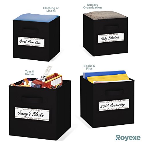 Royexe - Storage Cubes - (Set Of 8) Storage Baskets | Features Dual Handles & 10 Label Window Cards | Cube Storage Bins | Foldable Fabric Closet Shelf Organizer | Drawer Organizers And Storage (Black)