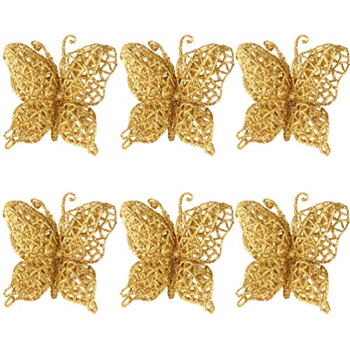 Vesil Christmas Tree Decorations Gold Glitter Butterfly Flowers Hanging Ornaments, 6ct