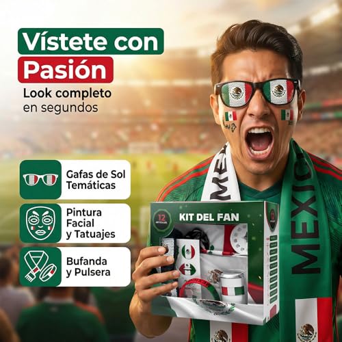2026 Kit Fiesta Futbol Mundial 12PCS - Bastones Inflables, Bocina De Aire, Gafas De Sol Temáticas, Pintura Facial, Bufanda, Pulsera, Poster De Quiniela Mundial 2026, México, Para Reuniones, Bares