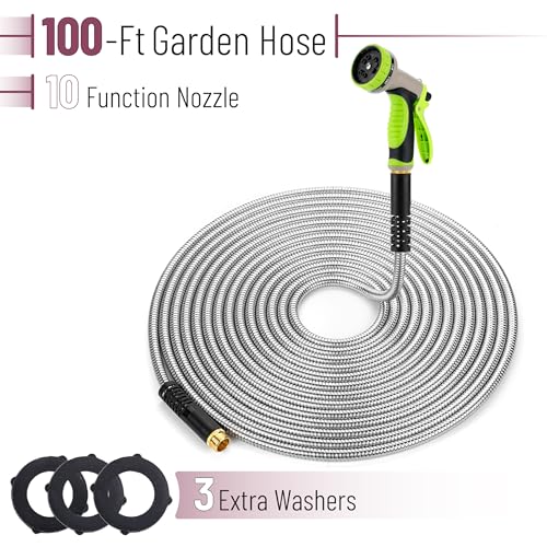 UNCO- Metal Garden Hose with 10 Functions Spray Nozzle, 100 Feet, No photo 10