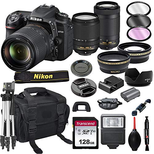 Nikon D7500 DSLR Camera with 18-140mm VR and 70-300mm Lens Bundle + 128GB Card, Tripod, Flash, and More (21pc Bundle)