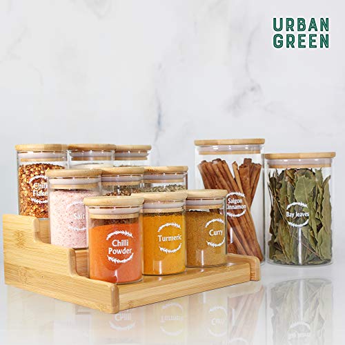 Urban Green Glass Jar with Bamboo Lids, Spice Jar Set with Labels