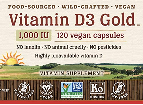 NutriGold Vitamin D3 1000 IU, 120 Vegan Capsules (Vegan D3 from Lichen, GMO-Free, Preservative-Free)
