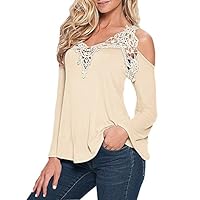 KAMA BRIDAL Women Off Shoulder Lace Crochet Long Sleeve Casual Blouse Tops Apricot M
