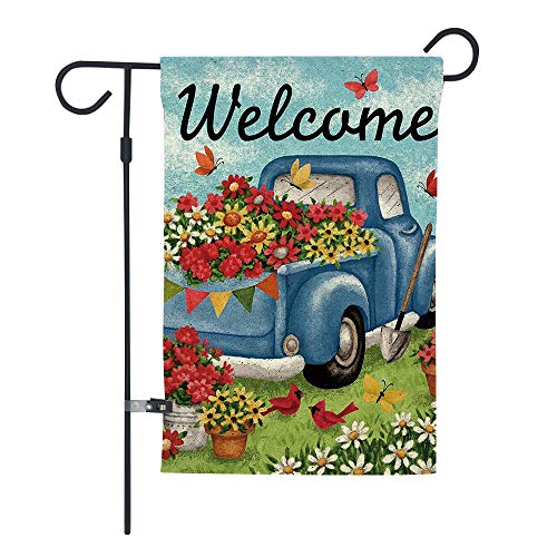 GOAUS Welcome Flower Old Truck Daisy Bird Butterfly Floral Garden Flag,Spring Double Sided Burlap Decorative House Flags for Home Lawn Yard Indoor Outdoor Decor,12 x 18 Inch