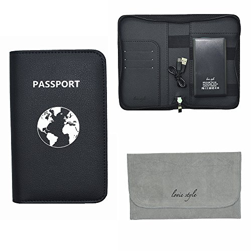 Phone Charging Passport Holder Travel Case w/ Power Bank - iPhone, Galaxy & More - RFID Blocking (Black)