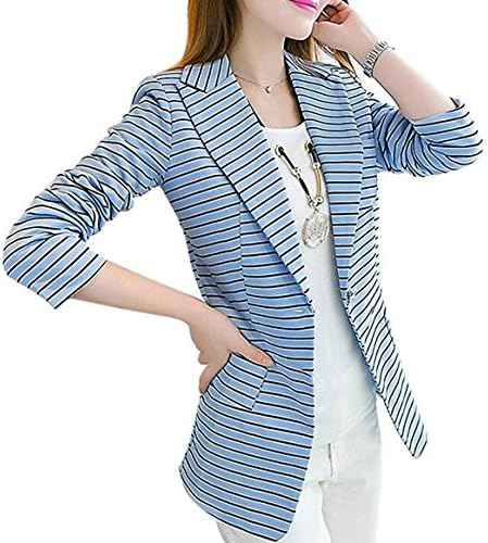 Aisuper Womens Stripe Printed Blazer Lapel Casual Work Slim Suit Jacket Outwear