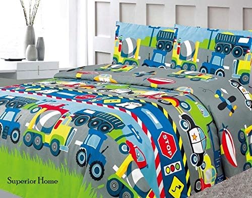 Superior Home Three (3) Piece Twin Size Cars Trucks Police Plane Theme Print Sheet Set with Fitted, Flat and 1 Pillow Case, Blue Green Gray Boys Kids Bedding Sheet Set