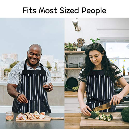 SHARLOVY Bib Aprons for Women with Pockets,Chef Aprons for Men Black White Striped Kitchen Cook Apron Plus Size Bulk,Long Tie Adjustable Neck Apron 2 Pack