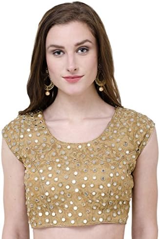 Naira Couture Mirror Work Golden Latest Designer Partywear Dupian Silk Readymade Padded Saree Blouse for Women