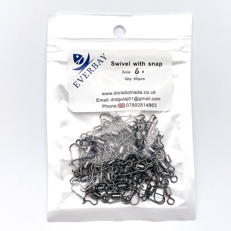 EVERBAY Stainless Steel Rolling Fishing Swivels with Snap Swivel Fishing Line Connectors Hight Strength for Saltwater & Freshwater Fishing accessories - set/50pcs, size 6#