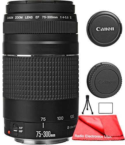 Canon EF 75-300mm f/4-5.6 III Zoom Lens for Canon EOS 7D, 60D, EOS Rebel SL1, T1i, T2i, T3, T3i, T4i, T5i, XS, XSi, XT, XTi Digital SLR Cameras + RADIO ELECTRONICS USA Micro Fiber Cleaning Cloth