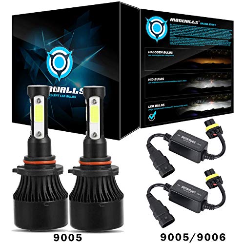 IRONWALLS 2PCS 9005 LED Headlight Bulbs All-in-one Conversion Kit 72W 8000LM 6500K + 2PCS Canbus Wiring Harness Adapters Anti Flicker