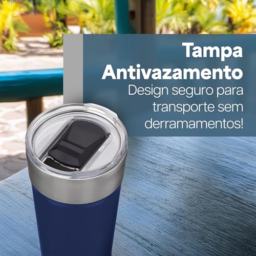 JustGoFit Copo Térmico Portátil em Inox e Acabamento Fosco Azul - 500ml Com Tampa Antivazamento