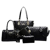Women Handbag,Women Bag, KINGH Vintage Argyle PU Leather Tote Clutch Purse 6 PCS Set Bag 090 Black