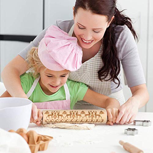 BOMEON Christmas Wooden Rolling Pins Engraved Embossing Rolling Pin with Christmas Symbols Deer for Baking Embossed Cookies Kitchen Tool (17"x 2")