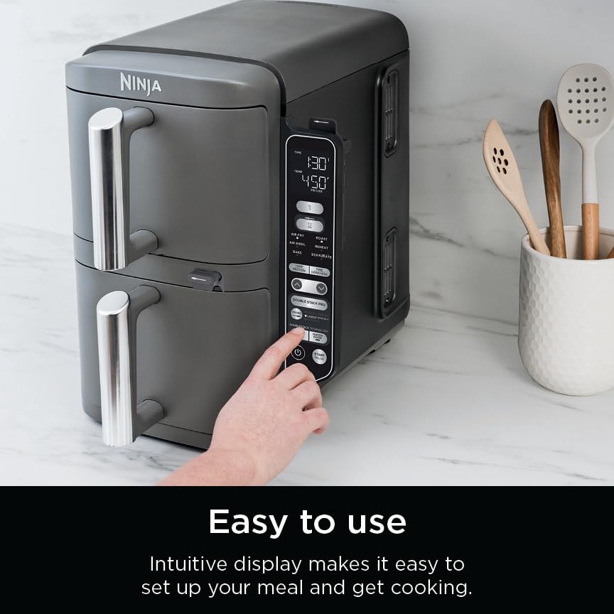 Freidora de aire inteligente Ninja DoubleStack XL de 2 cestas, sistema de cocción inteligente, tecnología DoubleStack Cocine 4 alimentos a la vez, diseño que ahorra espacio, 10 QT, 6 en 1, cocción inteligente con acabado y combinación, freír al aire, asar, hornear SL451
