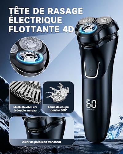 Men's Electric Shaver with LCD Display, IPX7 Waterproof for Wet and Dry Shaving, 4D Floating Head, 120 Min Battery Life, Rechargeable Shaver with Travel Lock, Ideal for Sensitive Skin (Black)