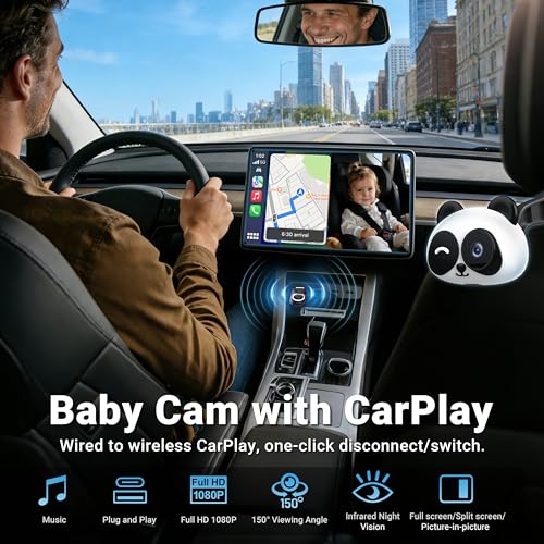 MINIX CA520 Wireless CarPlay Baby Car Camera for iPhone, 1080P HD Rear Seat Baby Monitor with Night Vision, 150° Wide View, Low Latency, Plug & Play for Factory Wired CarPlay Vehicles
