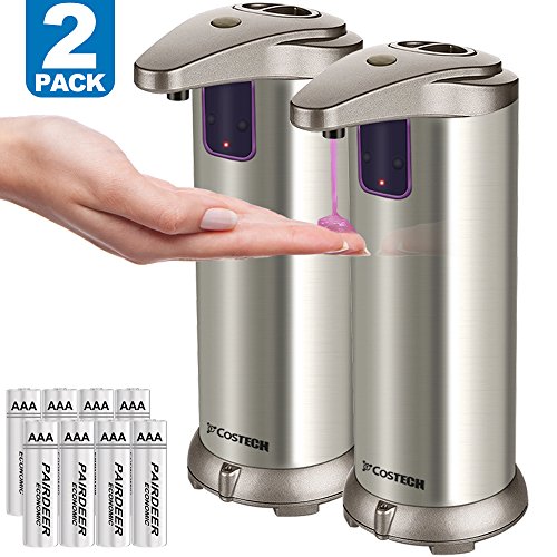 Automatic Soap Dispenser, Costech Auto Sensor Touchless Soap Dispenser with Brushed Stainless-Steel, Fingerprint Resistant Coating, and Waterproof Base Perfect for use in Bathrooms (2 Pack)