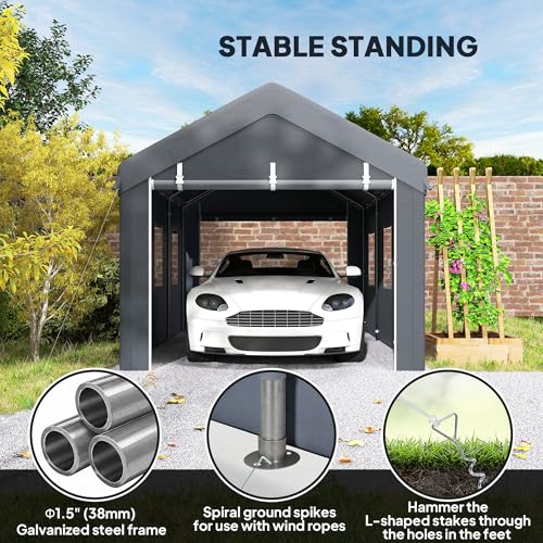 Outsunny 10' x 20' Carport Portable Garage Heavy Duty, Dark Grey | Car Port Canopy, 2 Roll-up Doors, 6 Ventilated Windows, for Car, Truck, Boat, Garden Tools