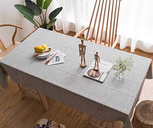 JZY Heavy Duty Cotton Linen Tablecloth for Rectangular Tables Solid Embroidery Lattice Table Cloth for Kitchen Dinning Tabletop Decoration (52"x70", Grey)