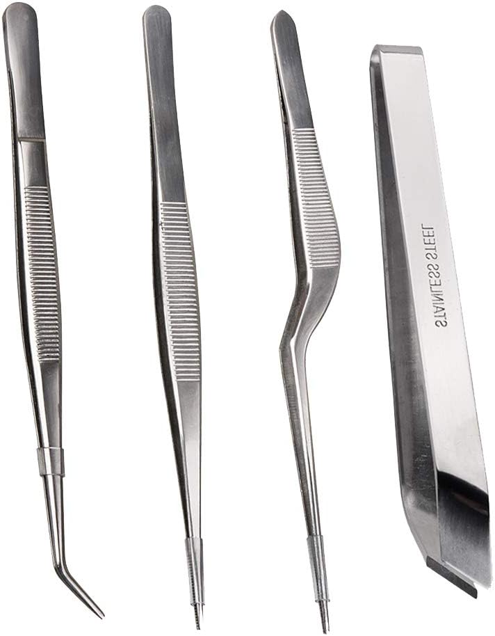 food tweezer, 4-Piece Set 6.3 inches Stainless Steel Tongs Tweezer with Chef Cooking Utensils/Precision Serrated Tips/Medical Beauty Utensils/Tool Sets, Silver
