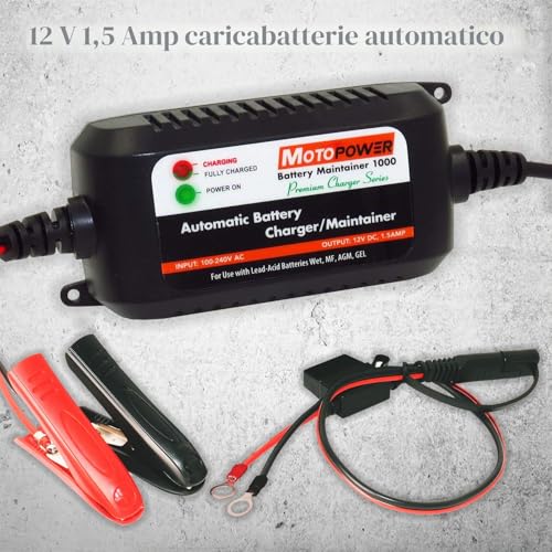 MOTOPOWER MP00206A 12V 1.5Amp Fully Automatic Battery Charger/Maintainer for Car, Motorcycle, ATV, Motorhome, Powersports, Boats and More Smart, Compact and Eco-Friendly