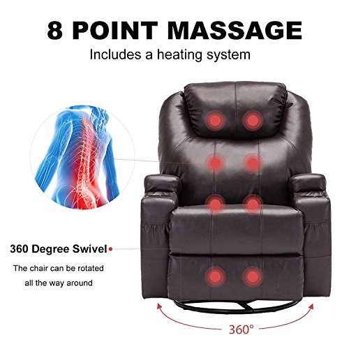 Windaze Manual Recliner Rocker Chair, 360 Degree Swivel Heated Recliner Bonded Leather Sofa Chair with Motors Massageï¼ŒBrown