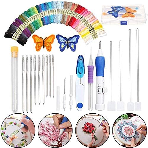 DIY Embroidery Cross Stitch Pen Knitting Sewing Tool Kit Punch Needle Set + 50 Threads Set