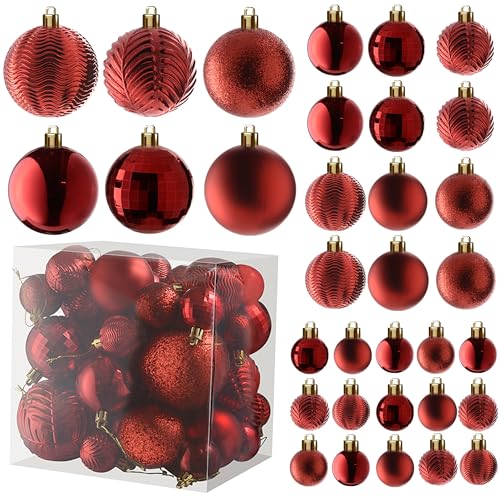 Prextex 36pc Shatterproof Red Christmas Balls Ornament Set - Festive Christmas Tree Ornaments in 3 Different Sizes and 6 Styles - Holiday Decoration with Hanging Loops for Tree, Wreath, Party Decor