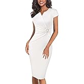 VFSHOW Womens Elegant Notch V Neck Ruched Work Office Business Church Bodycon Sheath Dress