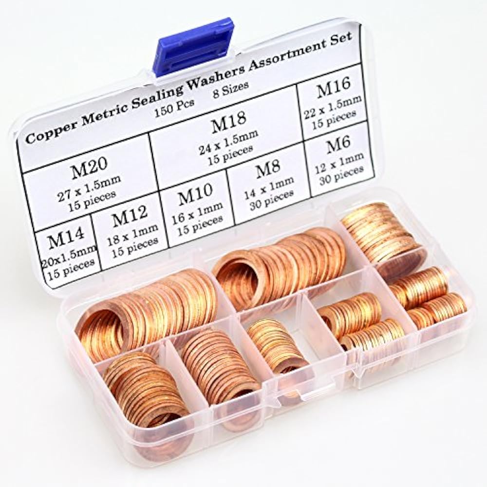 150Pcs 8 Sizes Copper Metric Sealing Washers Assortment Set Automotive