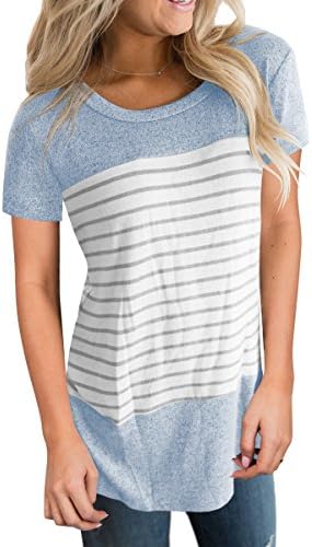 Vemvan Womens Long Sleeve and Short Sleeve Round Neck T Shirts Color Block Striped Casual Blouses Tops