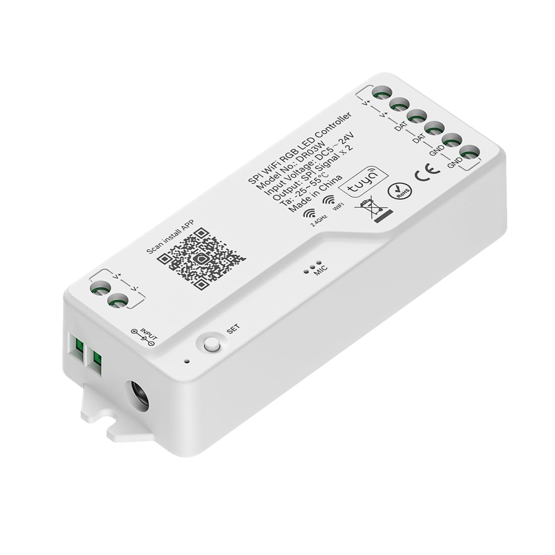 BTF-LIGHTING 2.4G WiFi SPI RGB LED Controller DR03W - Support RF Remote & Tuya/Smart Life APP Control - Third-Party Voice Control for WS2811 WS2812B WS2813 WS2815 etc RGB LED Strips