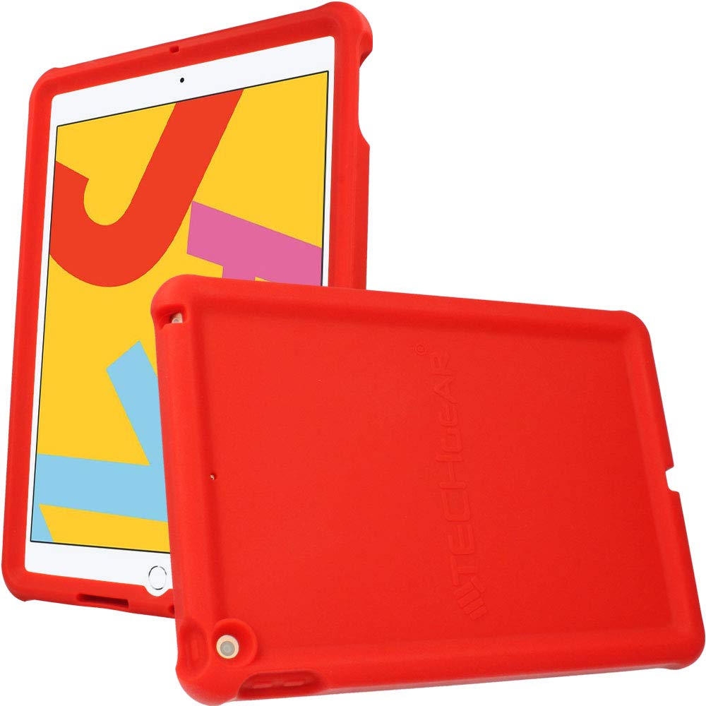 TECHGEAR Bumper Designed for Apple iPad 10.2" 2021 2020 2019, 9th / 8th / 7th Generation, Rugged Shockproof Soft Silicone Protective Easy Grip Anti-Slip Kids Proof Case with Screen Film [Red]