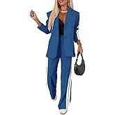 CHICME Womens Two Piece Outfits Striped Side Button Blazer and Pants with Pockets Sets Business Casual Pant Suits Set