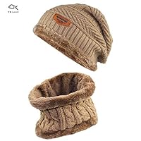 Kids Winter Warm Hat Scarf Knitted Hat with Soft Fleece Lined Beanie Cap.YR.Lover Khaki