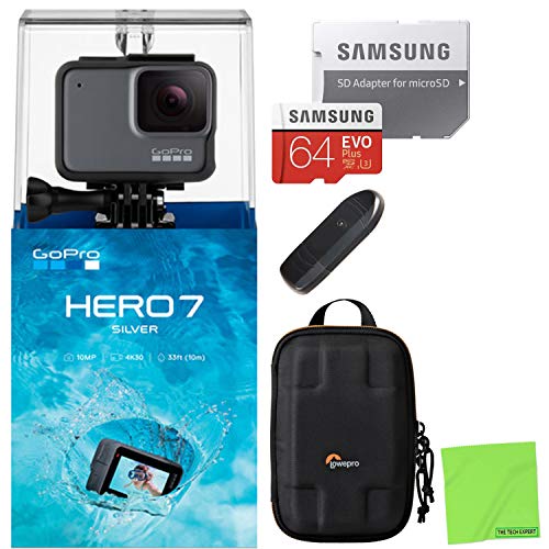 GoPro HERO7 Silver — Waterproof Digital Action Camera with Touch Screen 4K HD Video 10MP Photos with Samsung 64GB MicroSD Card & Lowepro Dashpoint Action Case Kit