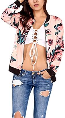Vamvie Women's Casual Long Sleeve Print Zip Up Slim Fit Stand Collar Bomber Jacket