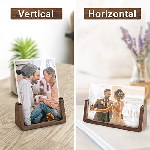 Mixoo 4x6 Wood Photo Picture Frame 2 Pack - Rustic Wooden Picture Frame with Walnut Wood Base and High Definition Break Free Acrylic Covers for Tabletop or Desktop Display (Horizontal + Vertical)